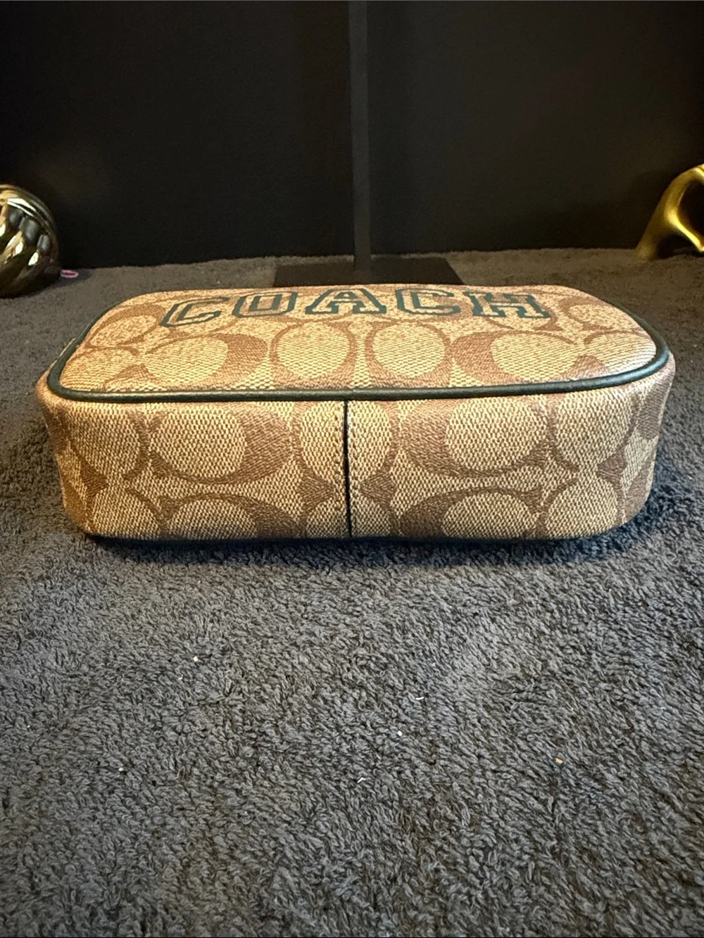 Coach Mini Shoulder Bag in Tan Signature Canvas with Black Trim
